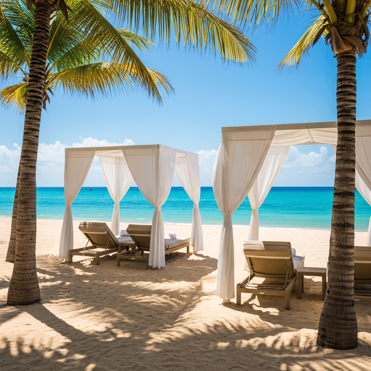 Cabanas de playa bajo palmeras junto al agua turquesa
