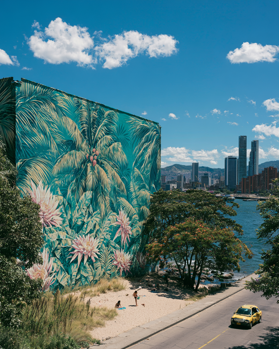 Mural tropical junto a una ciudad costera colombiana